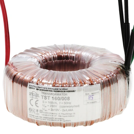 Transformator toroidalny TST160 19V-19V, 160VA, 2×19V, 4,44A, rdzeń toroidalny, 115 × 45mm, Indel