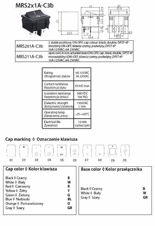 Włącznik ON-OFF 6A/250VAC MRS201A-C3, klawisz czerwony