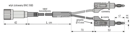 Kabel koncentryczny 50om z izolowanym wtykiem BNC + 2 wtyki proste 4mm z dodatkowym gniazdem 4mm, czerwony 1m