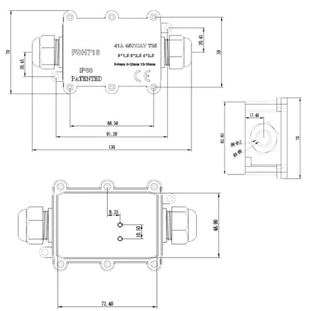 Puszka hermetyczna 80x57x41mm IP65 3 przepusty