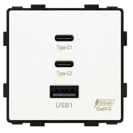 Ładowarka USB A + 2xC 65W GaN biała podtynkowa z ramką szklaną - TAWOIA Glass