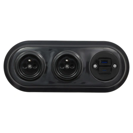 2x Gniazdko elektryczne okrągłe + Gniazdko USB A+C 4A z ramką potrójną, czarne, montaż podtynkowy, Ceramic Loft