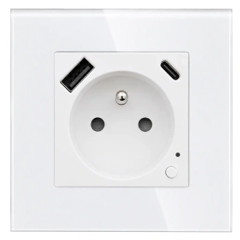 Gniazdko elektryczne z uziemieniem z USB A+C 20W z pomiarem energii (watomierz) ZigBee białe podtynkowe z ramką szklaną - TAWOIA Glass