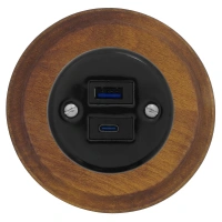 Gniazdo USB A+C 4A okrągłe czarne z ramką ciemne drewno, montaż podtynkowy, Ceramic Loft