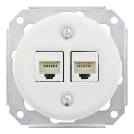 Gniazdo Ethernet Cat6 x2 + Gniazdo elektryczne okrągłe białe z ramką podwójną jasne drewno, montaż podtynkowy, Ceramic Loft