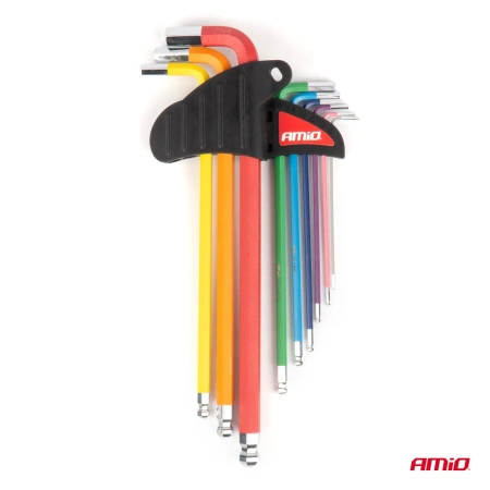 Zestaw kluczy imbusowych HEX z kulką - Extra Long, kolorowe 9 szt. AMIO-04299