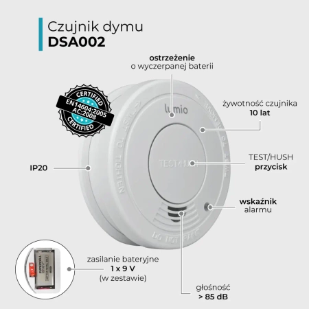 Czujnik dymu, autonomiczny bateryjny LUMIO DSA002