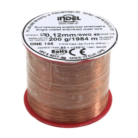 Drut nawojowy emaliowany 0,12 mm, DNE 155, miedź, szpulka 200 g, ok. 1984 m