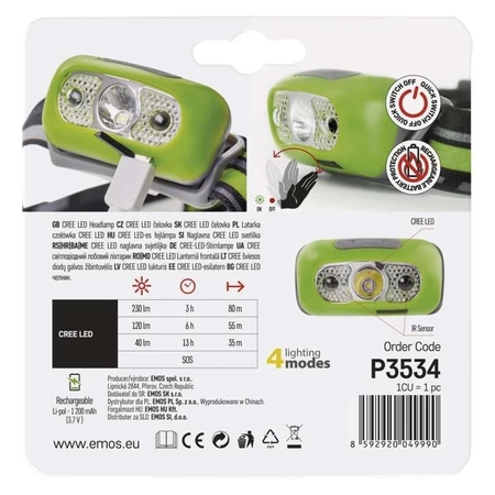 Latarka czołowa LED, 5 W, 230 lm, dioda CREE, akumulator, EMOS P3534