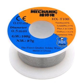 Cyna lutownicza Sn63Pb37 HX-T100 z topnikiem, średnica 0,5 mm, szpula 87 g, Mechanic