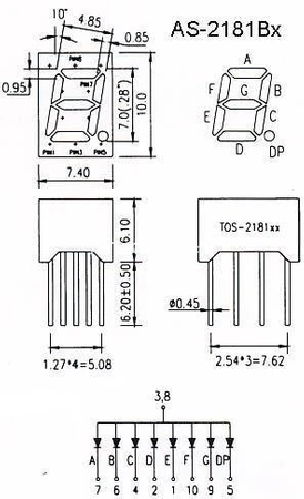 Wyświetlacz LED 7 segmentowy 0.28'' 7.2mm, 1 znak, niebieski, WA