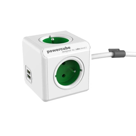 Przedłużacz PowerCube Extended USB 1.5m, rozgałęźnik 4 gniazda + 2x USB, zielony