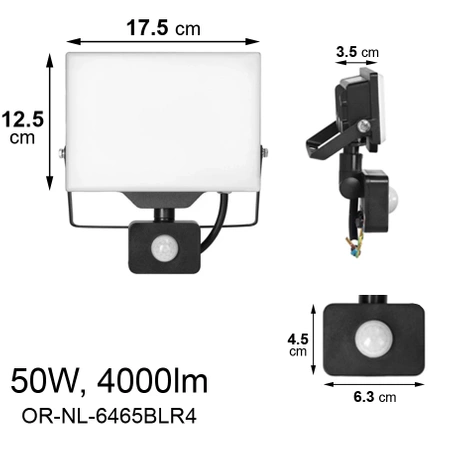 Naświetlacz bezramkowy z PIR 50W, 4000lm, IP44, 4000K, PORTO S