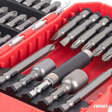 Zestaw 45 bitów i nasadek do wkrętarki 1/4" HEX, stal S2, PH, PZ, Torx, imbus, płaskie, w etui - AMiO 04932