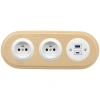 2x Gniazdko elektryczne okrągłe + Gniazdko USB A+C 4A białe z ramką potrójną jasne drewno, montaż podtynkowy, Ceramic Loft