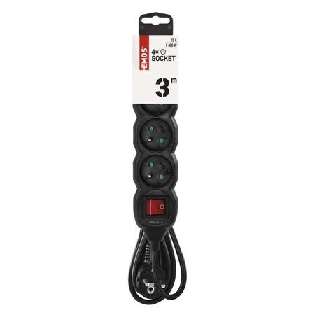 Przedłużacz 4 gniazda, przewód 3 m, 10 A, przekrój 1 mm², z włącznikiem, z uziemieniem, czarny, Emos