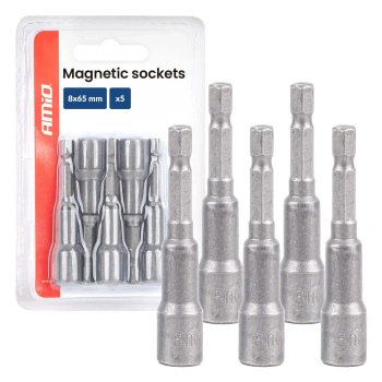 Nasadki magnetyczne 8 mm do wkrętów farmerskich, długość 65 mm, trzpień 1/4" HEX, 5 szt. - AMiO 04938