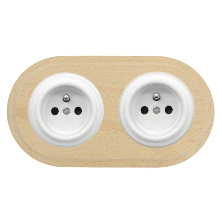 2x Gniazdko elektryczne okrągłe białe z ramką podwójną jasne drewno, montaż podtynkowy, Ceramic Loft
