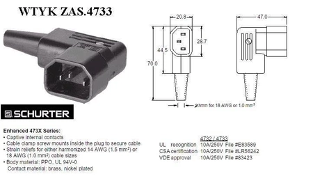 Wtyk zasilający kątowy męski boczny