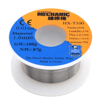 Cyna lutownicza Sn63Pb37 HX-T100 z topnikiem, średnica 1 mm, szpula 87 g, Mechanic