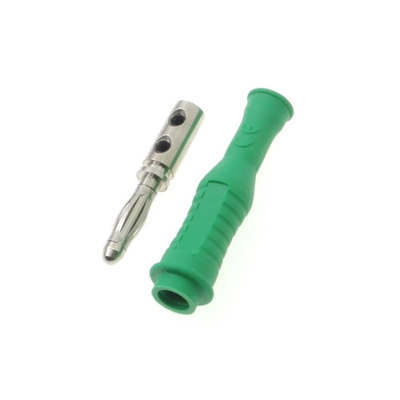 Wtyk izolowany 4mm lamelkowy przykręcany, elastyczna osłona z odgiętką, zielony