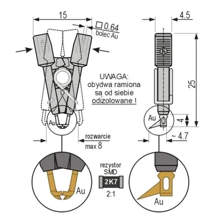 Mikro krokodyl, chwytak 2-biegunowy do elementów SMD