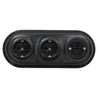 2x Gniazdo Schuko okrągłe + Gniazdo USB A+C 4A z ramką potrójną, czarne, montaż podtynkowy, Ceramic Loft