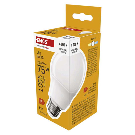 Żarówka LED E27 bańka A60, 12,4 W, odpowiednik 75 W, neutralna biel, 1055 lm, EMOS ZAR-E-ZL5F53