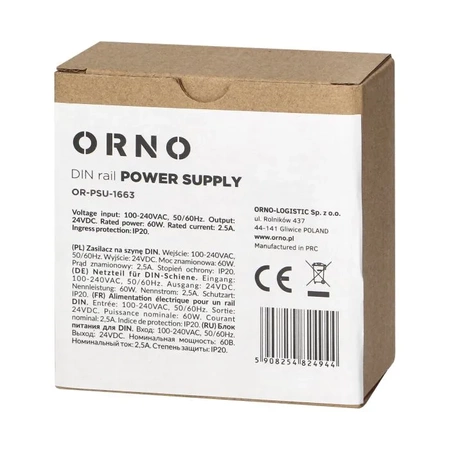 Zasilacz na szynę DIN przemysłowy 24VDC 2.5A 60W, ORNO PSU-1663
