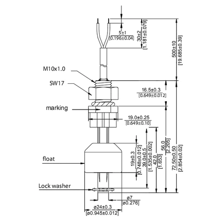 Czujnik poziomu cieczy typu NO, Meder LS02-1A66, montaż pionowy, -20 do 90°C