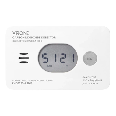 Czujnik tlenku węgla (czadu) na baterie 2xAA, żywotność 10lat, Virone DC-6