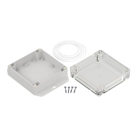 Obudowa hermetyczna ZP120.120.60UJPH, 119,9 × 119,9 × 60 mm, ABS+PC, jasnoszara, z uchem, z przezroczystym wieczkiem, Kradex
