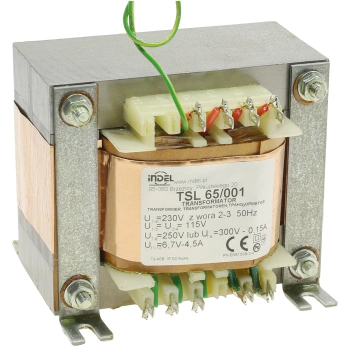 Transformator sieciowy lampowy TSL 65/001, 65VA, 250 lub 300V 0,15A, 6,7V/4,5A, pierwotne 230V lub 2 × 115V, Indel