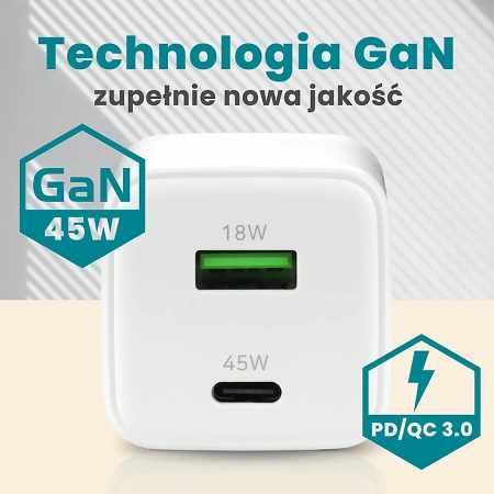 Ładowarka sieciowa everActive GaN SC-450Q z gniazdem USB oraz USB-C PD PPS QC4+ 45W