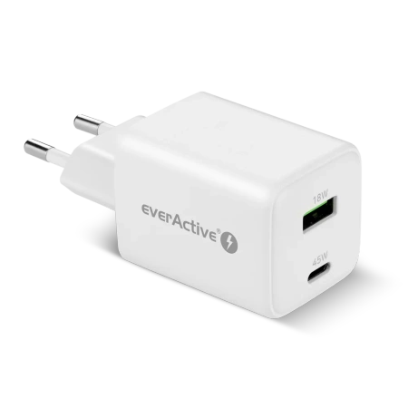 Ładowarka sieciowa everActive GaN SC-450Q z gniazdem USB oraz USB-C PD PPS QC4+ 45W