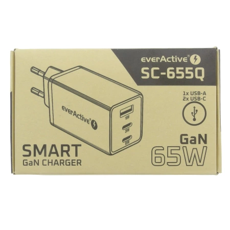 Ładowarka USB, ładowarka sieciowa USB, 2xUSB-C PD PPS QC4 65W, everActive GaN SC-655Q