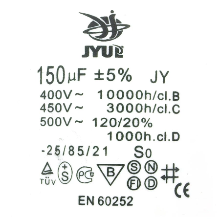 Kondensator rozruchowy do silnika 150µF 450VAC, CBB60, konektory, Ø65 × 133 mm