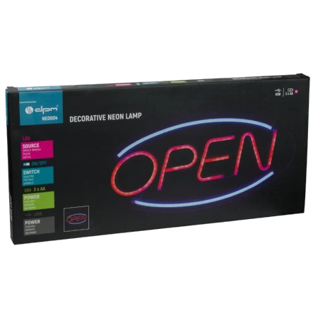 Neon LED "open", dekoracja LED 45x22cm zasilanie z baterii lub USB