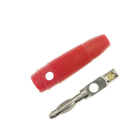 Wtyk izolowany 4mm lamelkowy z otworem 4mm, przykręcany, czerwony