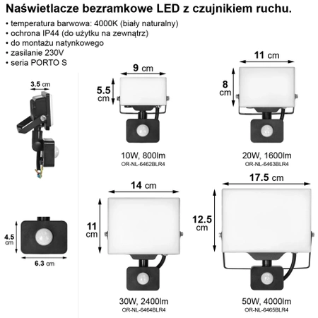 Naświetlacz bezramkowy z PIR 20W, 1600lm, IP44, 4000K, PORTO S