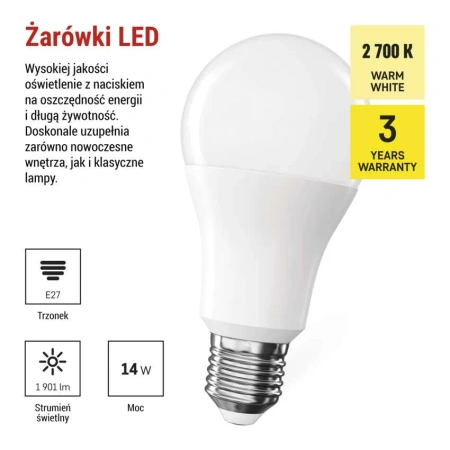 Żarówka LED E27 bańka A60, 14 W, odpowiednik 120 W, ciepła biel, 1901 lm, EMOS ZAR-E-ZQ5D75