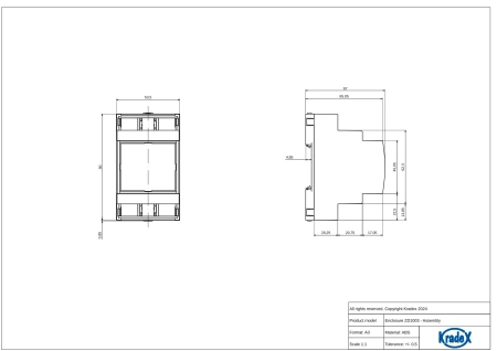 Obudowa modułowa na szynę DIN ZD1003J, 90 × 53,7 × 65,2 mm, ABS, szara, Kradex