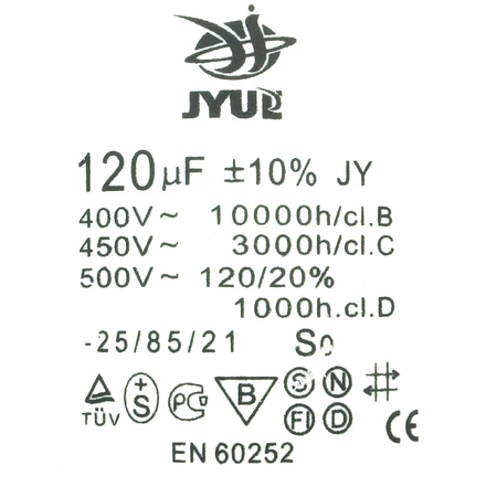 Kondensator rozruchowy do silnika, CBB60 120uF 450VAC 65x133mm, przewód