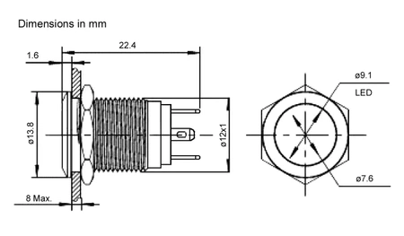 Przełącznik wandaloodporny W12F11EB12/S 12mm, monostabilny 1NO, podśw. 12V kraw. Niebieskie