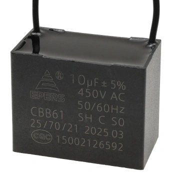 Kondensator rozruchowy do silnika 10µF 450VAC, CBB61, przewody 20 cm, 47 × 26 × 38 mm, EPERS