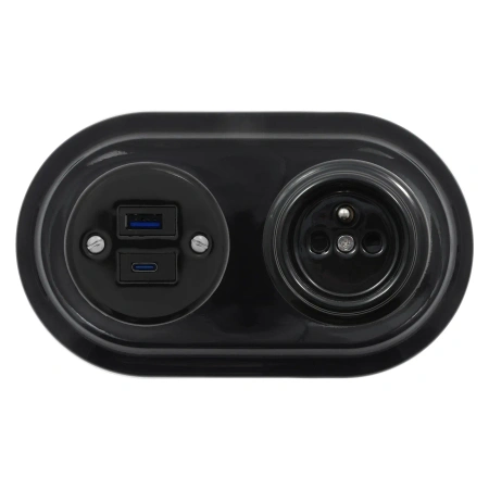 Gniazdo USB A+C 4A + Gniazdo elektryczne okrągłe z ramką podwójną, czarne, montaż podtynkowy, Ceramic Loft
