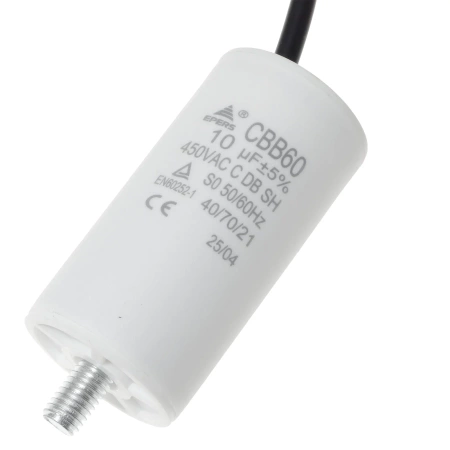 Kondensator rozruchowy do silnika 10µF 450VAC, CBB60, przewody 15 cm, Ø35 × 70 mm, EPERS