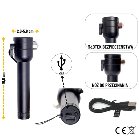 Latarka samochodowa LED, 200 lm, zbijak szyb, przecinak pasów, funkcja powerbanku, ładowanie USB-C, ALR-LA0213