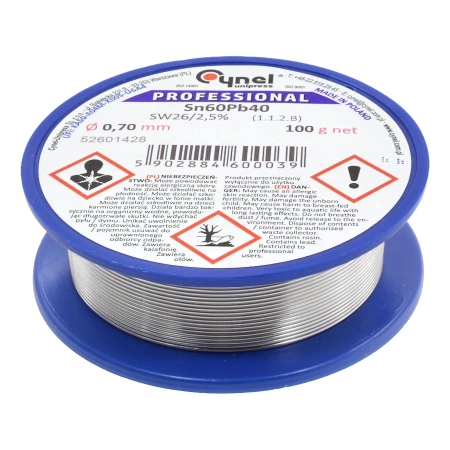 Cyna lutownicza z topnikiem SW26 - 0.7mm - spoiwo Sn60Pb40 Cynel 100g