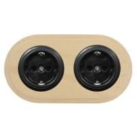 2x Gniazdo elektryczne Schuko okrągłe czarne z ramką podwójną jasne drewno, montaż podtynkowy, Ceramic Loft